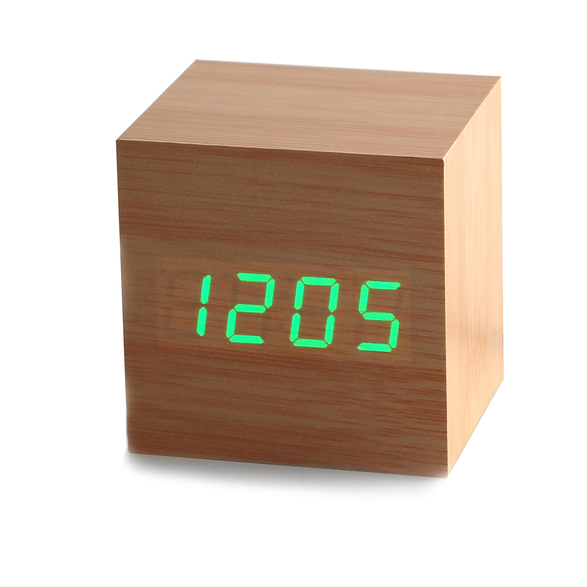 Фото Часы будильник с показаниями температуры, даты и времени  CG wood clock green