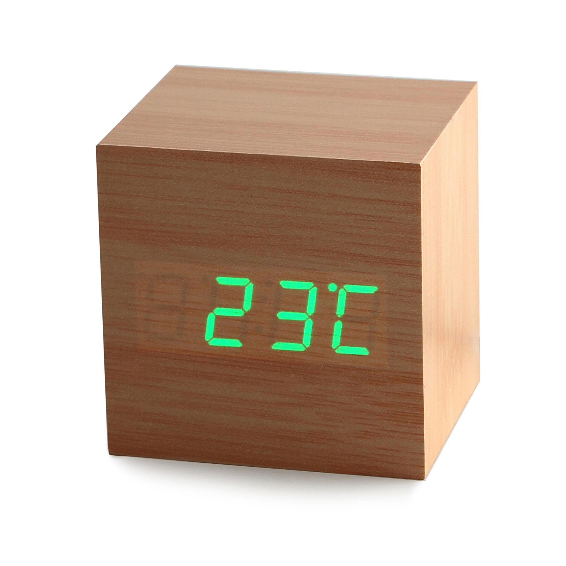 Фото 3 Часы будильник с показаниями температуры, даты и времени  CG wood clock green