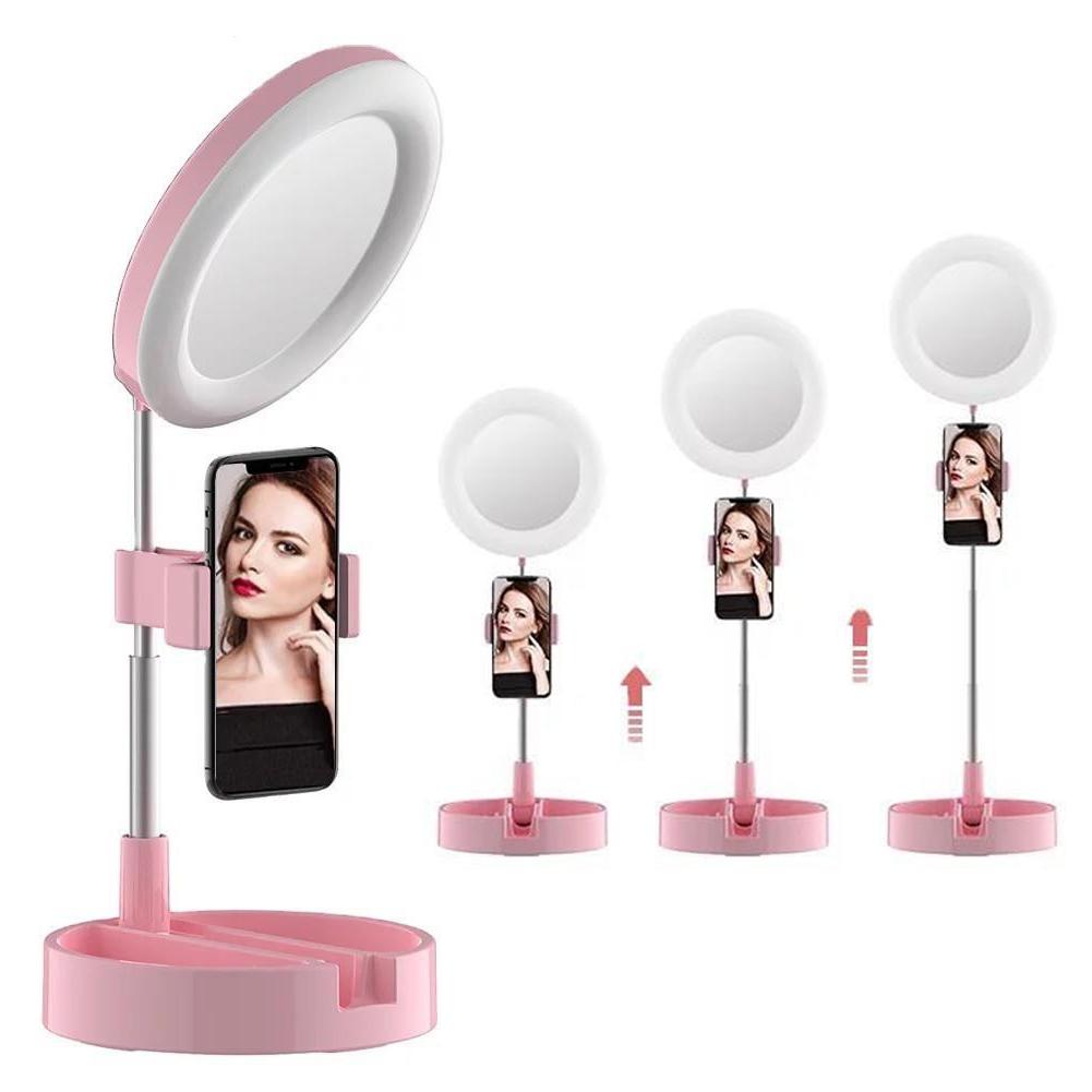Фото 1 Зеркало с LED подсветкой для макияжа с держателем для телефона CG MH2 Pink для бьюти блогеров