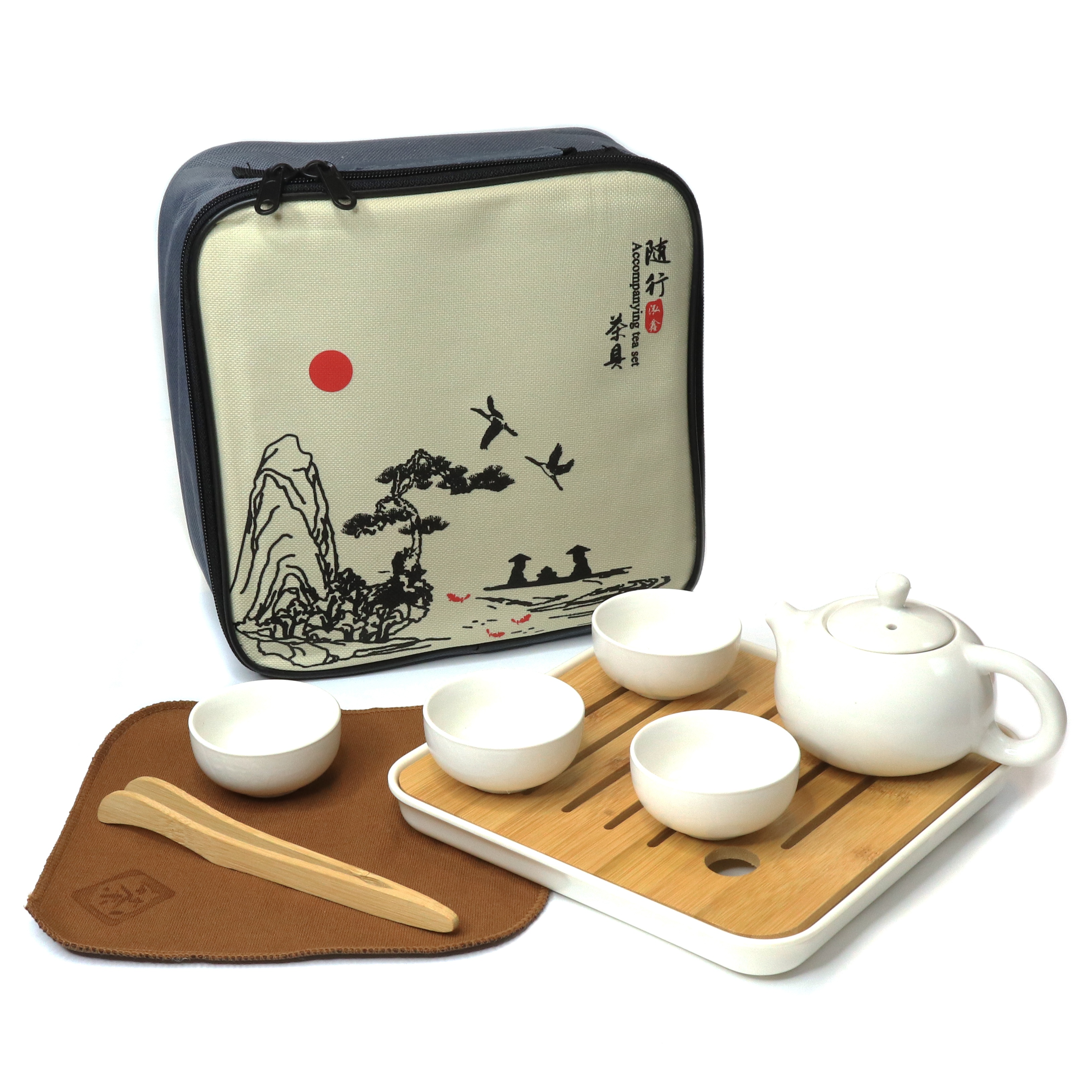 Фото Дорожный набор для чайной церемонии Чайничек + 4 пиалы + бамбуковая чабань + щипцы CG TSET3