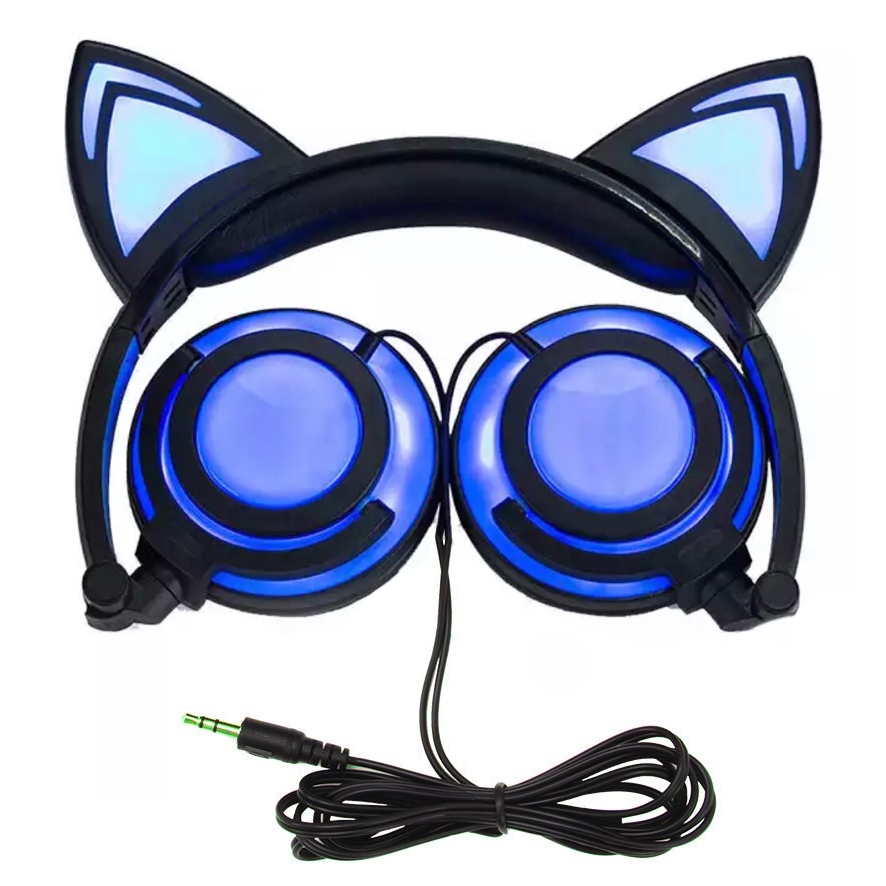 Фото Светящиеся наушники с кошачьими ушками в японском стиле с проводным подключением  UFT BL108 Blue